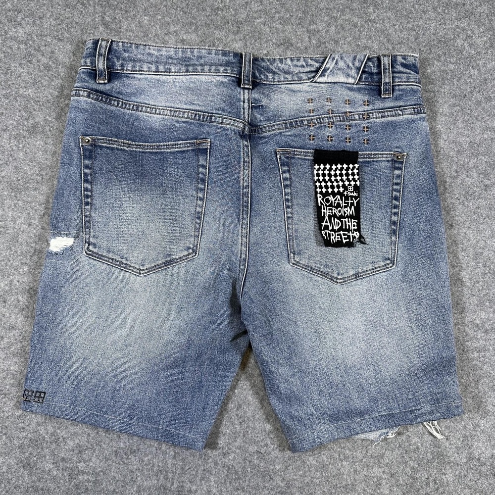 Ksubi Chitch Jungle Patch Denim Shorts Mens 33 Blue Distressed Leopard Nova - Picture 7 of 11